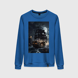 Свитшот хлопковый женский Пиратский корабль в шторм, цвет: синий