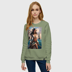 Свитшот хлопковый женский Пиратка на фона флотилии кораблей, цвет: авокадо — фото 2