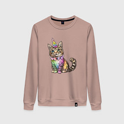 Свитшот хлопковый женский Праздничный котик в колпаке единорога, цвет: пыльно-розовый