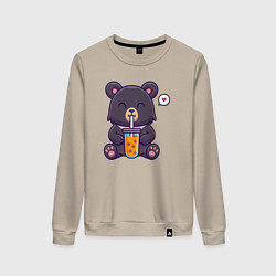 Свитшот хлопковый женский Мишка с напитком, цвет: миндальный