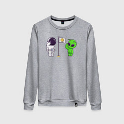 Свитшот хлопковый женский Космонавт и пришелец на луне, цвет: меланж