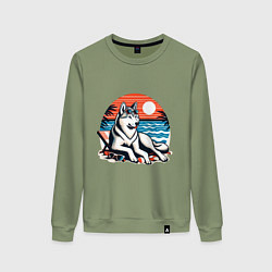 Свитшот хлопковый женский Хаски отдыхает на пляже, цвет: авокадо