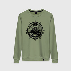 Свитшот хлопковый женский Моряк капитан на штурвале, цвет: авокадо
