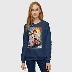 Свитшот хлопковый женский Кошечка в саду с катаной, цвет: тёмно-синий — фото 2
