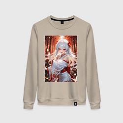 Свитшот хлопковый женский Девушка гуляет по лесу с бабочками, цвет: миндальный