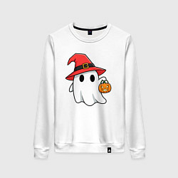 Свитшот хлопковый женский Призрак в красной шляпе, цвет: белый