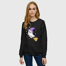 Свитшот хлопковый женский Хэллоуин, привидение на метле, луна, цвет: черный — фото 2