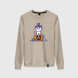 Свитшот хлопковый женский Хэллоуин котёнок, цвет: миндальный