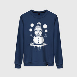 Свитшот хлопковый женский Снеговик в вязаной шапке, цвет: тёмно-синий