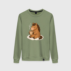 Свитшот хлопковый женский Лошадка пьет какао, цвет: авокадо