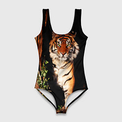 Купальник-боди 3D женский Тигр выглядывает из темноты - большая картинка, цвет: 3D-принт
