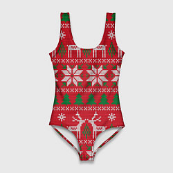 Купальник-боди 3D женский Вязаный принт с оленями, цвет: 3D-принт