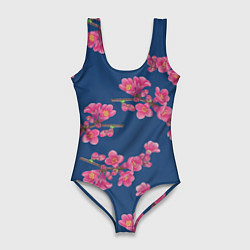 Женский купальник-боди Веточки айвы с розовыми цветами на синем фоне