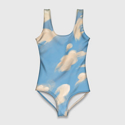 Купальник-боди 3D женский Рисунок голубого неба с облаками маслом, цвет: 3D-принт