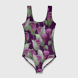 Женский купальник-боди Фиолетовые каллы на темно фиолетовом фоне