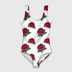 Женский купальник-боди Цветы Красные Розы На Белом Фоне