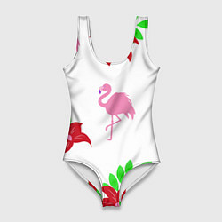 Купальник-боди 3D женский Розовый фламинго с цветами, цвет: 3D-принт