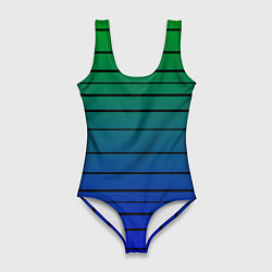 Купальник-боди 3D женский Черные полосы на синем, зеленом градиенте, цвет: 3D-принт