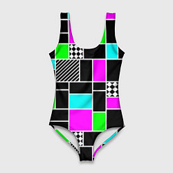 Купальник-боди 3D женский Неоновый геометрический узор на черном, цвет: 3D-принт