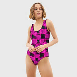 Купальник-боди 3D женский Black and pink hearts pattern on checkered, цвет: 3D-принт — фото 2