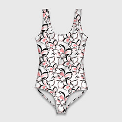 Купальник-боди 3D женский Бело-розовые цветы с черной обводкой, цвет: 3D-принт