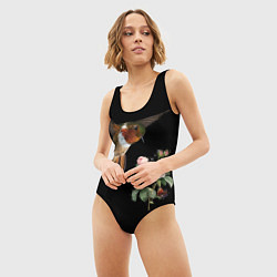 Купальник-боди 3D женский Птицы колибри розы на черном фоне, цвет: 3D-принт — фото 2