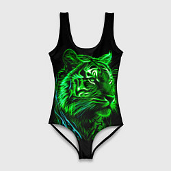 Купальник-боди 3D женский Нейросеть: неоновый зелёный тигр, цвет: 3D-принт