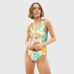 Купальник-боди 3D женский Цветы и геометрические фигуры скетч, цвет: 3D-принт — фото 2