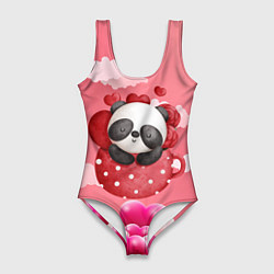 Купальник-боди 3D женский Панда с сердечками в чашке, цвет: 3D-принт