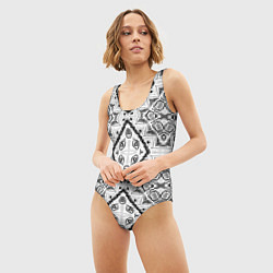 Купальник-боди 3D женский Бело-серый этнический орнамент, цвет: 3D-принт — фото 2