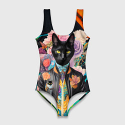 Купальник-боди 3D женский Модный чёрный кот - нейросеть - мода, цвет: 3D-принт