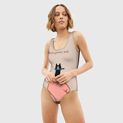 Купальник-боди 3D женский Котик с ножиком и средний палец - текстура холста, цвет: 3D-принт — фото 2