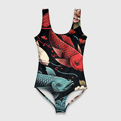 Купальник-боди 3D женский Узор с японскими карпами кои, цвет: 3D-принт