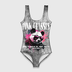 Женский купальник-боди Панда в розовых очках на сером фоне