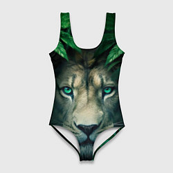 Женский купальник-боди Лев выглядывает из листьев - крупная морда головы