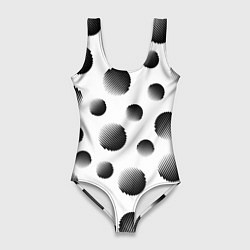 Женский купальник-боди Черные полосатые шары на белом