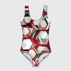Купальник-боди 3D женский Кибер Hexagon Красный, цвет: 3D-принт
