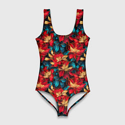 Женский купальник-боди Красные цветы с синими листьями узор