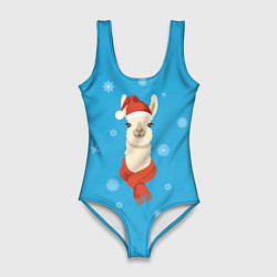 Женский купальник-боди Милая лама в красной шляпе и шарфе