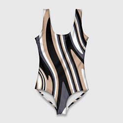 Купальник-боди 3D женский Абстракция чёрно-бежевая, цвет: 3D-принт