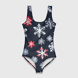 Женский купальник-боди Снежинки белые и красные