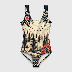 Купальник-боди 3D женский Новогодний лес с узорами, цвет: 3D-принт