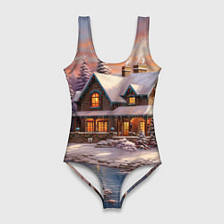 Купальник-боди 3D женский Новогодние домики, цвет: 3D-принт