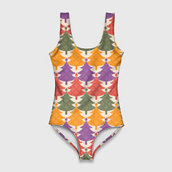 Купальник-боди 3D женский Новогодние разноцветные ёлочки, цвет: 3D-принт