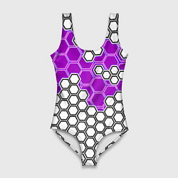 Купальник-боди 3D женский Фиолетовая энерго-броня из шестиугольников, цвет: 3D-принт