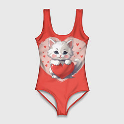 Купальник-боди 3D женский Мультяшный котенок держит красное сердечко, цвет: 3D-принт