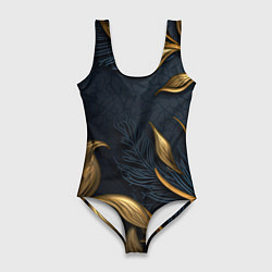 Женский купальник-боди Лепнина объемные золотые узоры на темном синем фон