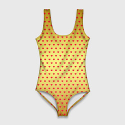 Женский купальник-боди Красные сердечки на золотом фоне