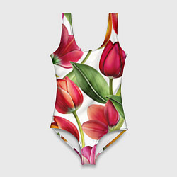Купальник-боди 3D женский Паттерн с тюльпанами, цвет: 3D-принт