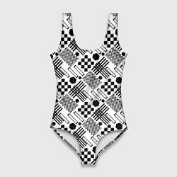 Купальник-боди 3D женский Современный черно белый геометрический узор, цвет: 3D-принт